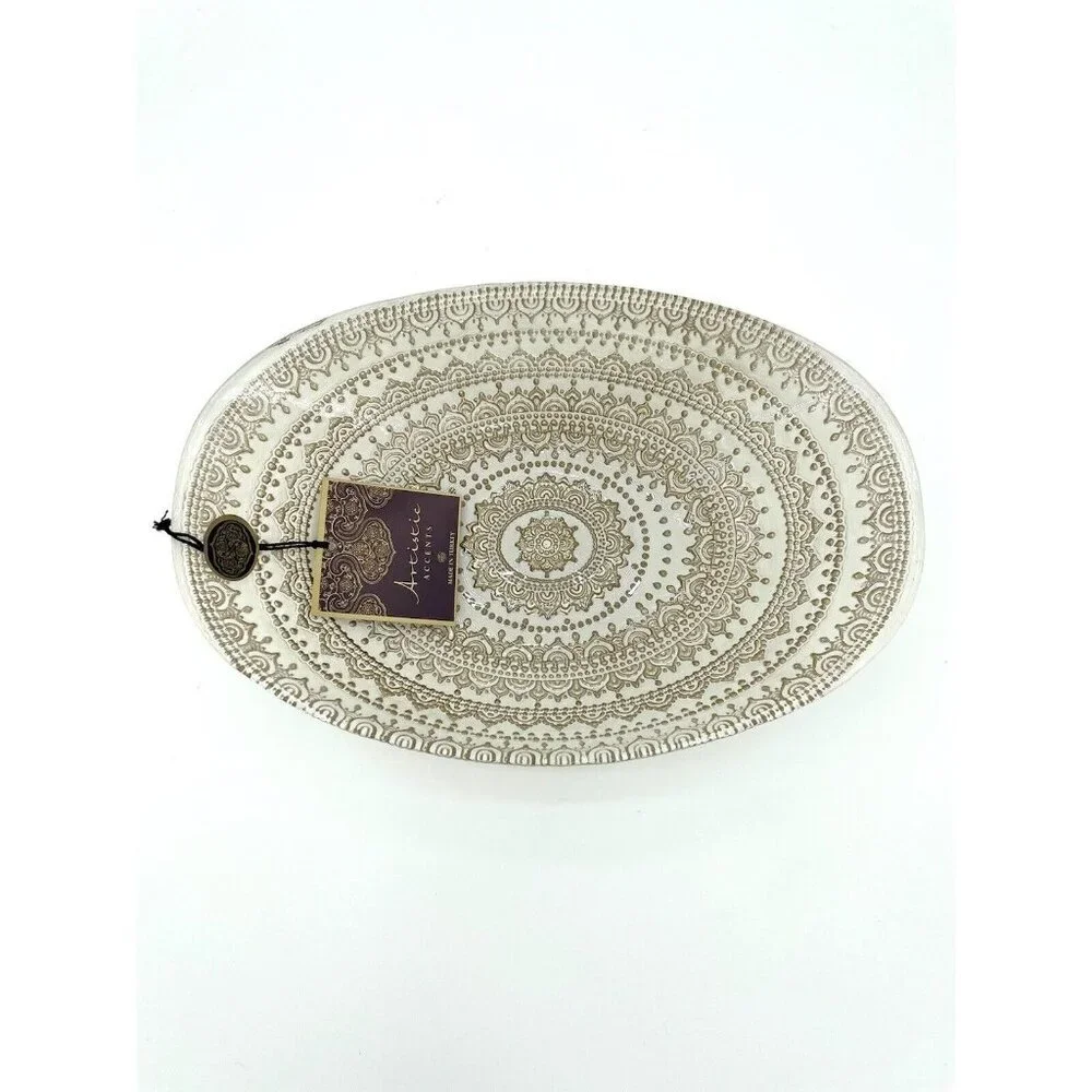 Artistic Accents White Glass Oval Serving Bowl Gold Lace Print Handmade NWT